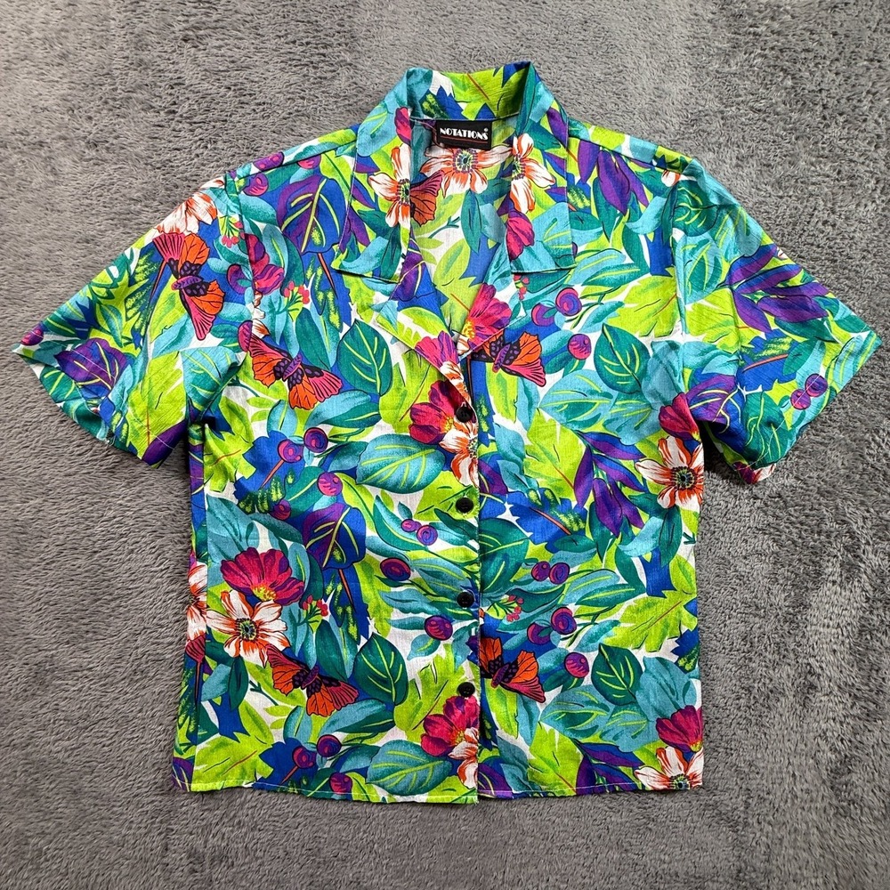 Notations Womens L Vintage 80s Hawaiian Floral Tropical Button Up Shirt Colorful